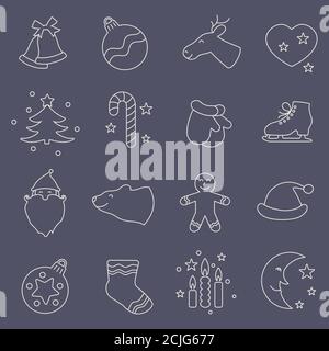 Christmas thin icons for web design and mobile app. Black pictures on dark background. Sweet christmas candy cane, gingerbread house, man and other Stock Vector