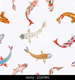 Seamless pattern with multi-colored Koi carps in the water. Vector illustration. Stock Vector