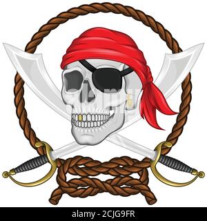 Vector illustration of a pirate skull with two swords surrounded by an intertwined rope, with gradient effect, all on white background Stock Vector