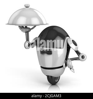 funny robot - waiter 3d illustration isolated on the white background Stock Photo