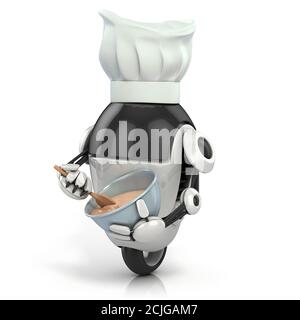 funny robot - cook with the chef's hat making the dessert - 3d illustration isolated on the white background Stock Photo
