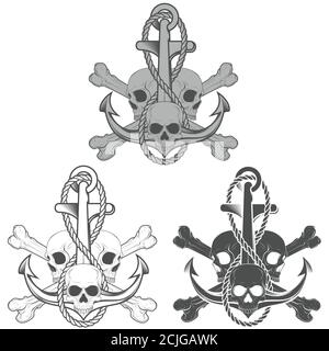 Vector illustration of skulls with an anchor with rope and bones, in grayscale. Stock Vector