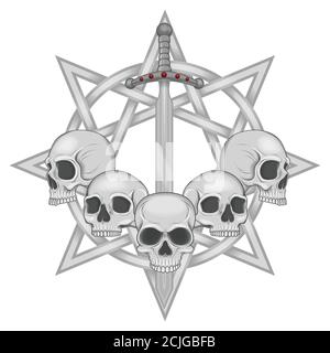 Illustration of skulls with sword and 8-pointed star in the background, high quality traditional art with sparkles and shadows, all on white backgroun Stock Vector