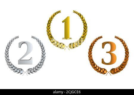 first second and third prize 3d laurels isolated on white background Stock Photo