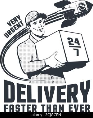 Delivery man courier retro logo with rocket Stock Vector