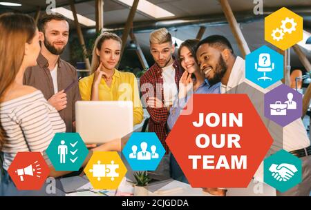 Join Our Team Banner. Woman Showing Headhunting Website On Digital Tablet To Colleagues In Office. Collage With Text Stock Photo