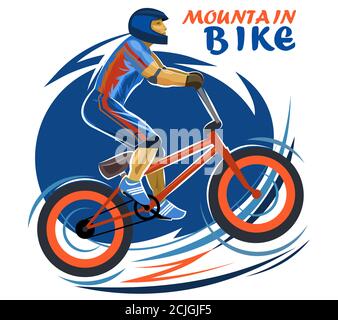 Mountain bike symbol. Isolated vector object on white background. A bike with a powerful frame and wheels. A cyclist wearing a helmet and protective e Stock Vector