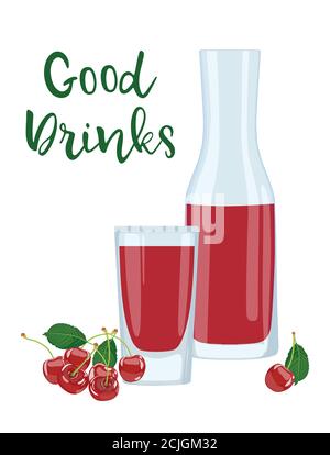 Cherry juice in glass and decanter. Berry bunches. Vector illustration Stock Vector