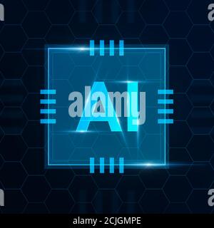 Creative AI Logo In Computer Microchip Design Over Abstract Cell Background, Futuristic Illustration In Blue Color Stock Photo