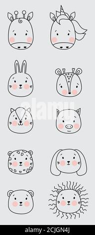 Cute simple animal portraits. Outline drawing - giraffe, horse, hare and deer, bear, pig, leopard, lion, cat and dog. Childrens collection, design Stock Vector