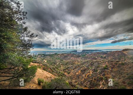 Dramatic sky over Bronson Canyon in Los Angeles. Southern California, USA Stock Photo