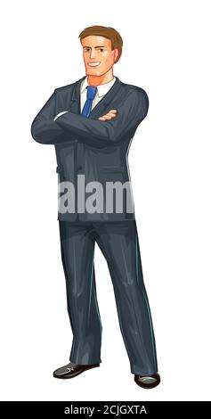A man in a dark business suit. Vector isolated on white background. Middle-aged. Worth holding arms folded over his chest. Blue tie. Businessman Stock Vector