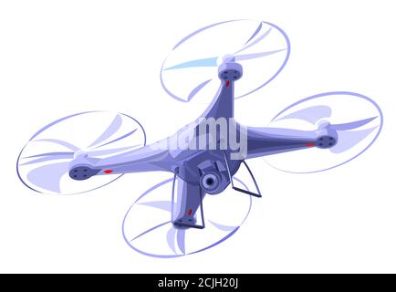 Quadrocopter. Drone with a camera. Isolated vector illustration on white background. Flat style. Flies. Rotation of the propellers. Stock Vector