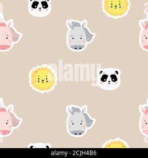 Seamless patterns. Childrens collection. Cute animal stickers - panda and horse, lion and pink unicorn on a gentle lilac background. For design Stock Vector
