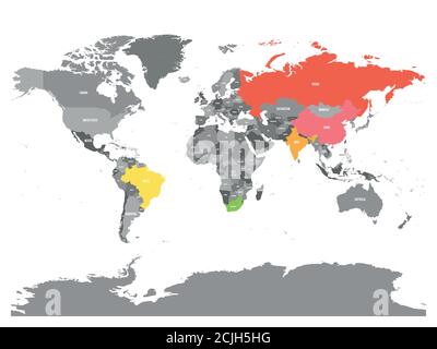World map with highlighted member countries of BRICS - association of five major emerging national economies - Brazil, Russia, India, China and South Africa. Stock Vector