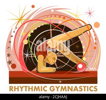 Girl gymnast. Sport symbol. Isolated vector illustration on white background. A woman performs in competitions. Rhythmic gymnastics logo with a ball. Stock Vector