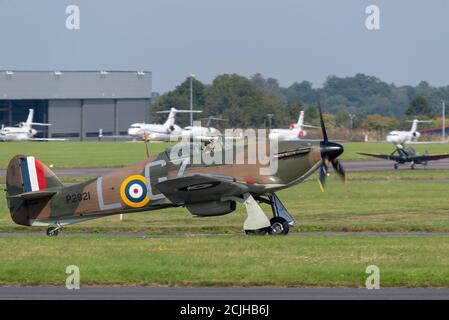 Biggin Hill, Kent, UK. 15th Sep, 2020. Battle of Britain Day is the name given to the large-scale aerial battle that took place over the south east of England on 15 September 1940, during the Battle of Britain, when the RAF scored heavily against the German bomber force. Located on the outskirts of London, RAF Biggin Hill played a key role in defence being a sector station for Fighter Command, with based fighters claiming many victories.  A flypast honoured its past with a Hurricane and Spitfire taking part then landing among the modern jets which now use the airport developed from RAF Biggin Stock Photo