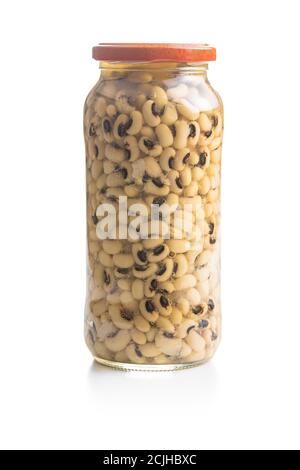 Marinated black eyed beans in jar isolated on white background. Stock Photo