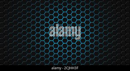 3d Rendering Of Futuristic Hexagon Mesh Background In Blue And Black Colors, Abstract Honeycomb, Creative Illustration, Panorama Stock Photo