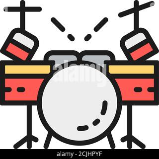 Drum kit, musical instrument flat color line icon. Stock Vector