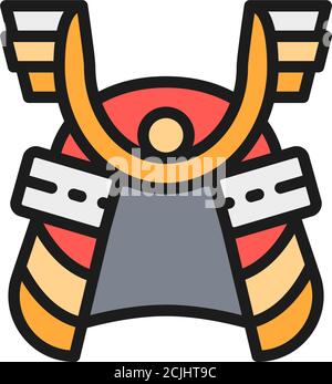 Samurai helmet, japanese warrior mask flat color line icon. Stock Vector