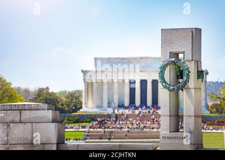 World War 2 and Lincoln Memorial composition in Washington DC with focus on Pennsylvania column Stock Photo