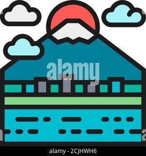 Urban japanese landscape, mount Fuji flat color line icon. Stock Vector
