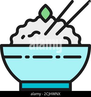Bowl of cooked rice flat color line icon. Stock Vector