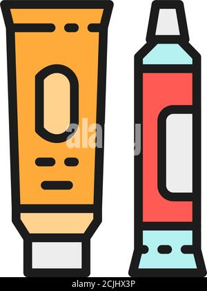 Hand cream, cosmetic tubes, toothpaste flat color line icon. Stock Vector
