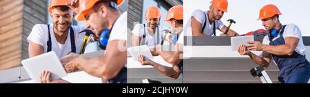 Collage of builders in uniform using digital tablet while working on roof of building Stock Photo