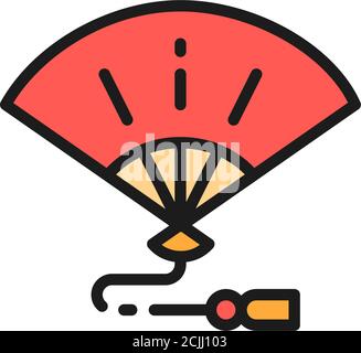 Japanese hand fan, traditional geisha veer flat color line icon. Stock Vector