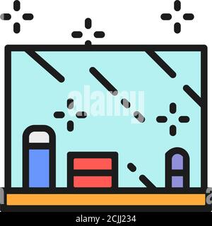 Dressing table, makeup mirror, cosmetics flat color line icon. Stock Vector