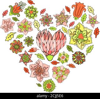 Beautiful spring set with hand drawn flowers and leaves on white background Stock Vector