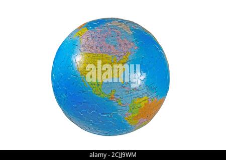 World globe seeing United States in the middle (a three-dimensional earth map 3D puzzle, isolated in white background) Stock Photo