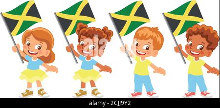 Jamaica flag in hand. Children holding flag. National flag of Jamaica vector Stock Vector