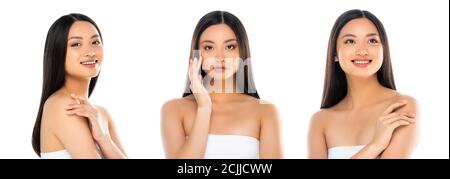 Collage of asian woman holding hand on shoulder and touching face isolated on white Stock Photo