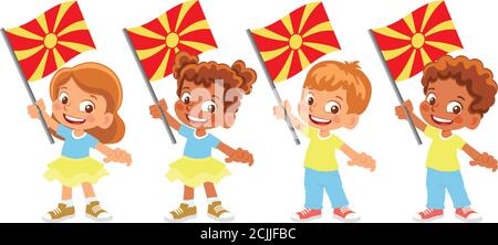 Macedonia flag in hand. Children holding flag. National flag of Macedonia vector Stock Vector