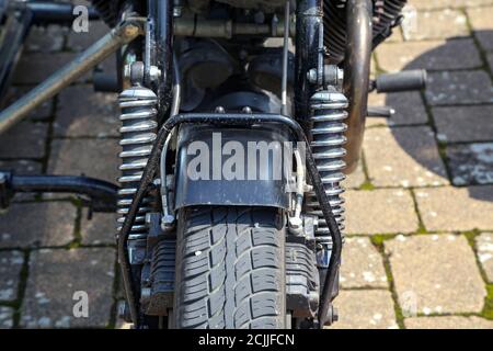 Closeup shot of the details of a motorcycle with a stroller Stock Photo