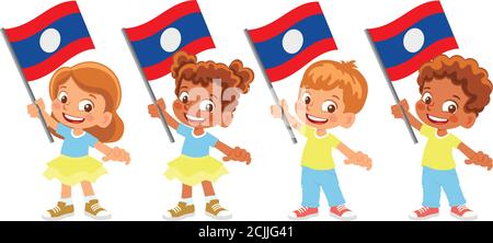 Laos flag in hand. Children holding flag. National flag of Laos vector Stock Vector