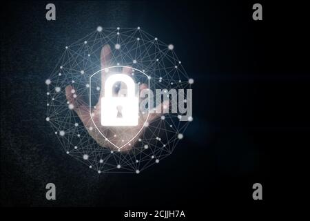 Cyber insurance concept. Man using virtual screen with shield ...