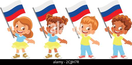 Russia flag in hand. Children holding flag. National flag of Russia vector Stock Vector