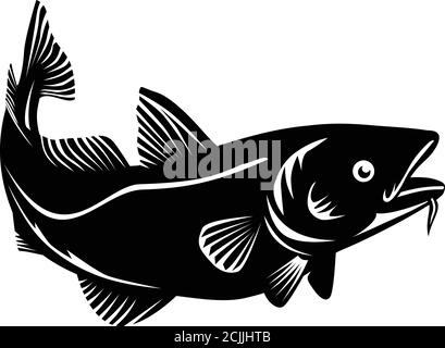 Woodcut style illustration of an Atlantic cod Gadus morhua, a benthopelagic fish of the family Gadidae commercially known as cod or codling swimming u Stock Vector