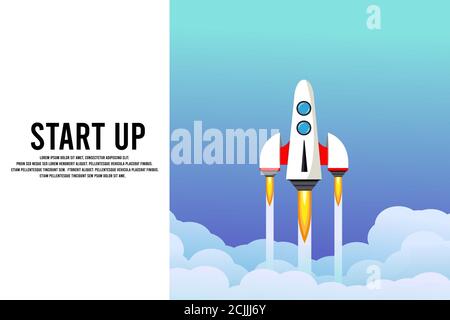 Rocket launch in the sky, cloud, smoke clouds, space. Space ship. interstellar travels. Business concept. Start up template. background. Simple modern Stock Vector