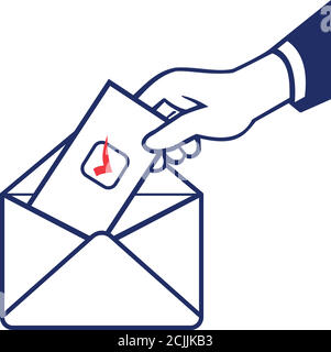 Retro style illustration of a hand of a voter putting ballot or vote inside postal ballot envelope in on isolated background. Stock Vector