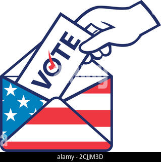 Retro style illustration of a hand of an American voter posting ballot or vote inside postal ballot envelope with USA stars and stripes flag on isolat Stock Vector