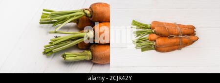 collage of fresh carrots tied with rope on white wooden table Stock Photo