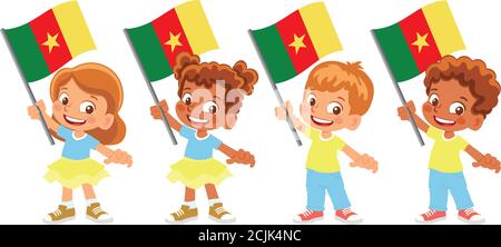 Cameroon flag in hand. Children holding flag. National flag of Cameroon vector Stock Vector