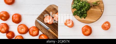 collage of parsley and tomatoes on chopping board with knife on white wooden table, panoramic shot Stock Photo