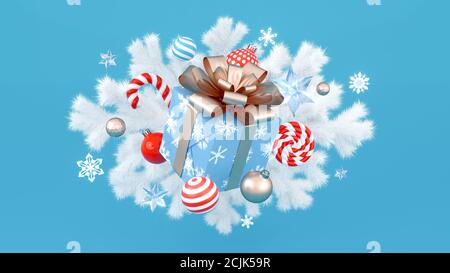 Christmas floating gift box with fir branches and decorations. 3D rendering Merry Christmas and Happy New Year background. Stock Photo