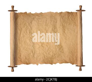 Old rolled blank parchment paper roll vertical on white background, with  drop shadow Stock Photo - Alamy